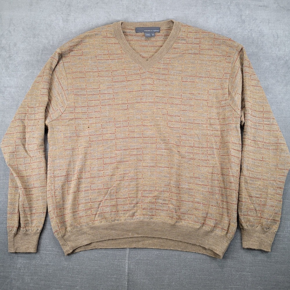 Tricots St Raphael XXL Mens Vintage Brown Merino Wool V Neck Grandpa Dad Sweater